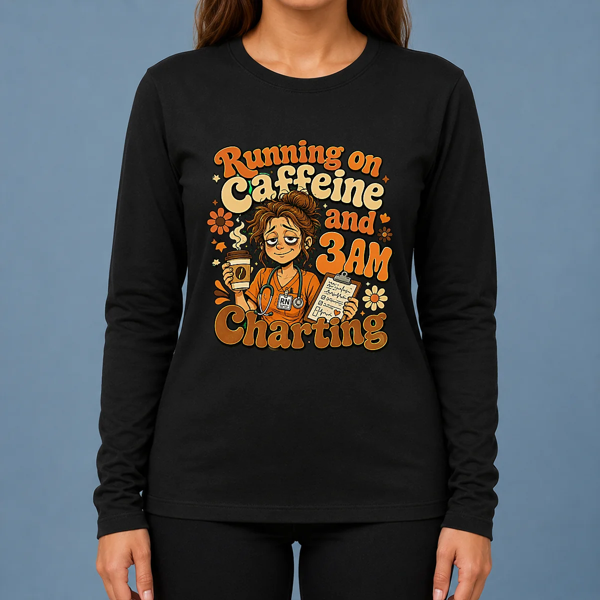 Running on Caffeine and 3AM Charting Nurse Groovy Retro Cartoon Long Sleeve Shirt