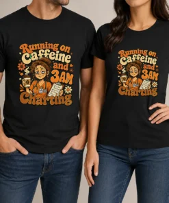 Running on Caffeine and 3AM Charting Nurse Groovy Retro Cartoon Shirt