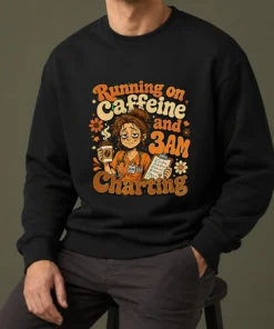Running on Caffeine and 3AM Charting Nurse Groovy Retro Cartoon Sweater