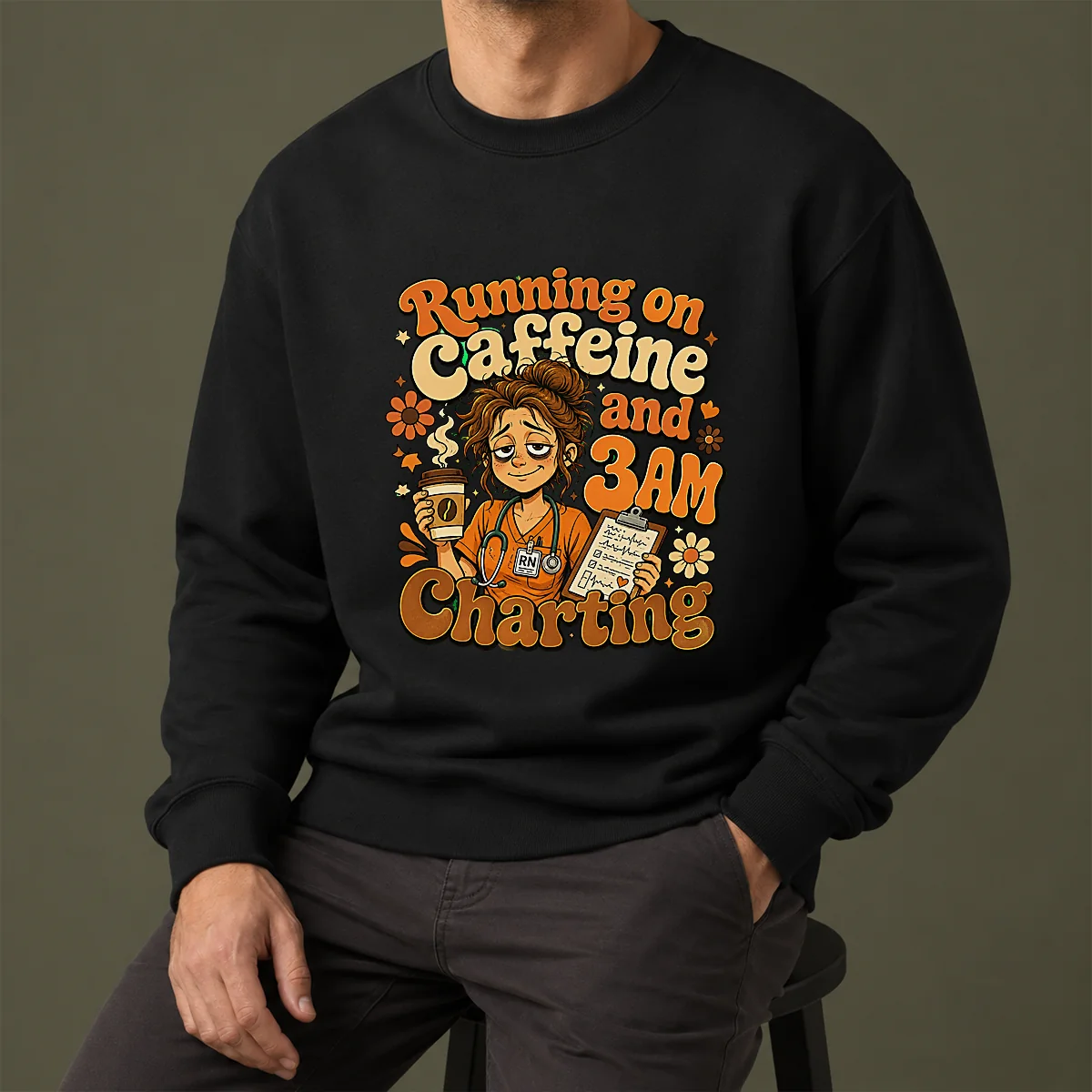 Running on Caffeine and 3AM Charting Nurse Groovy Retro Cartoon Sweater