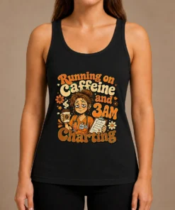 Running on Caffeine and 3AM Charting Nurse Groovy Retro Cartoon Tank Top
