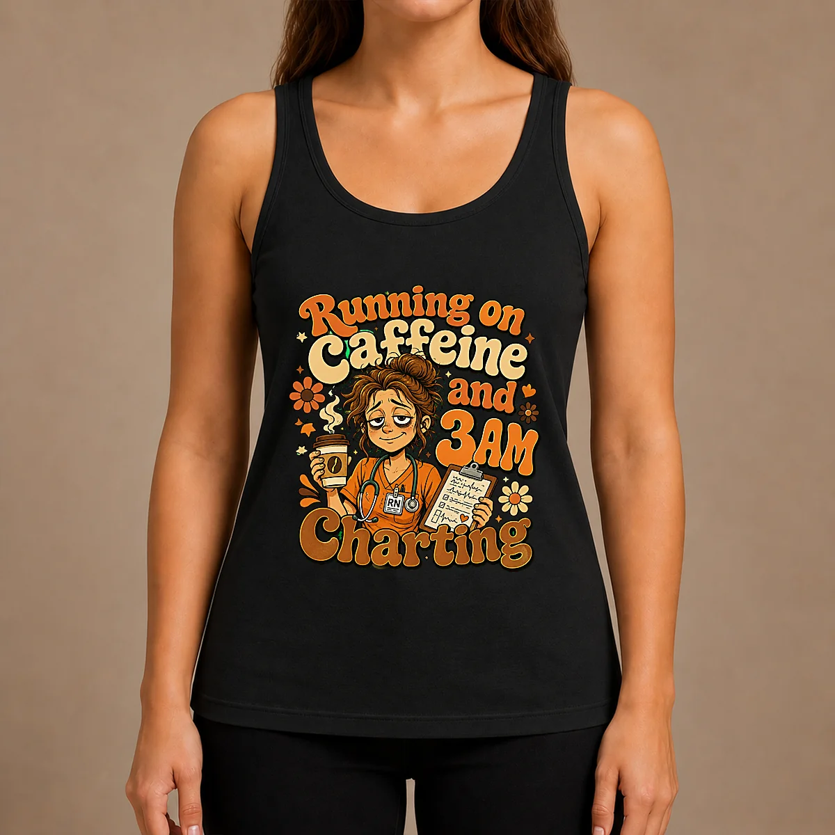 Running on Caffeine and 3AM Charting Nurse Groovy Retro Cartoon Tank Top