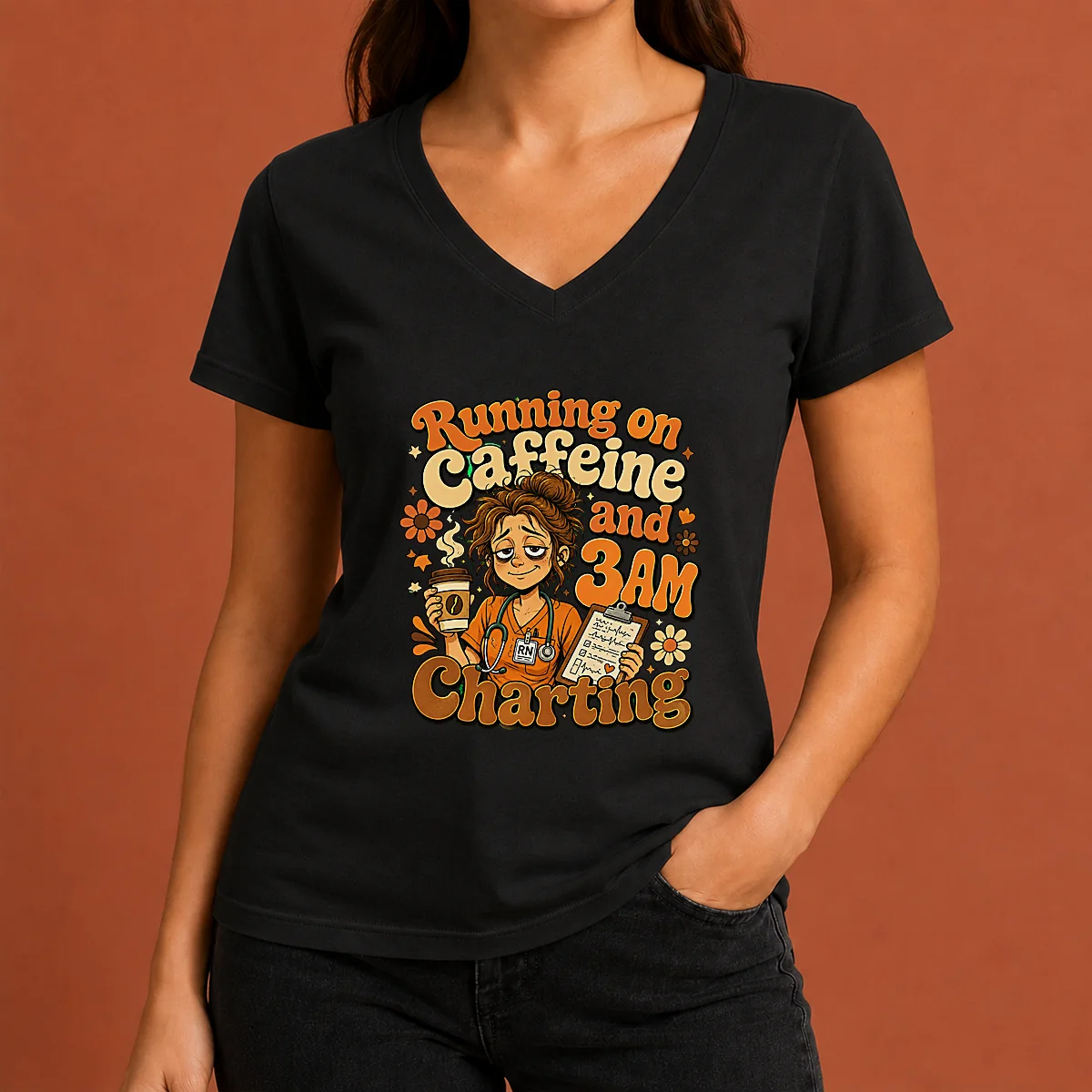 Running on Caffeine and 3AM Charting V-Neck Shirt Running on Caffeine and 3AM Charting V-Neck Shirt
