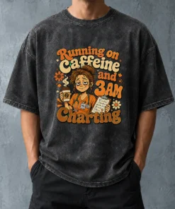 Running on Caffeine and 3AM Charting Nurse Groovy Retro Cartoon Washed T-Shirt
