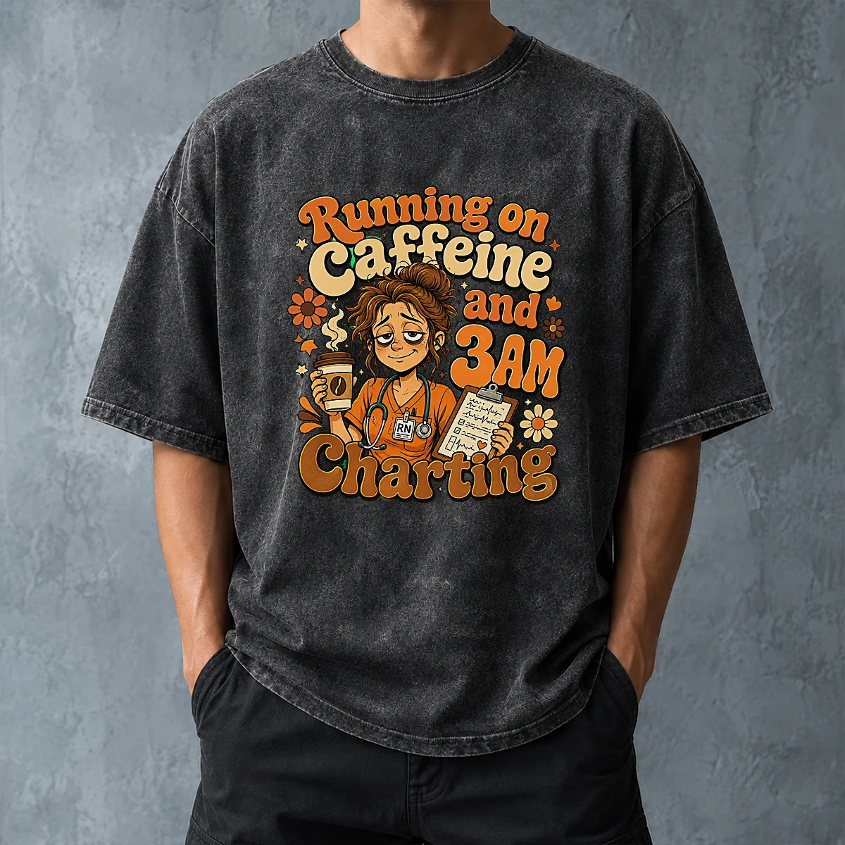 Running on Caffeine and 3AM Charting Nurse Groovy Retro Cartoon Washed T-Shirt