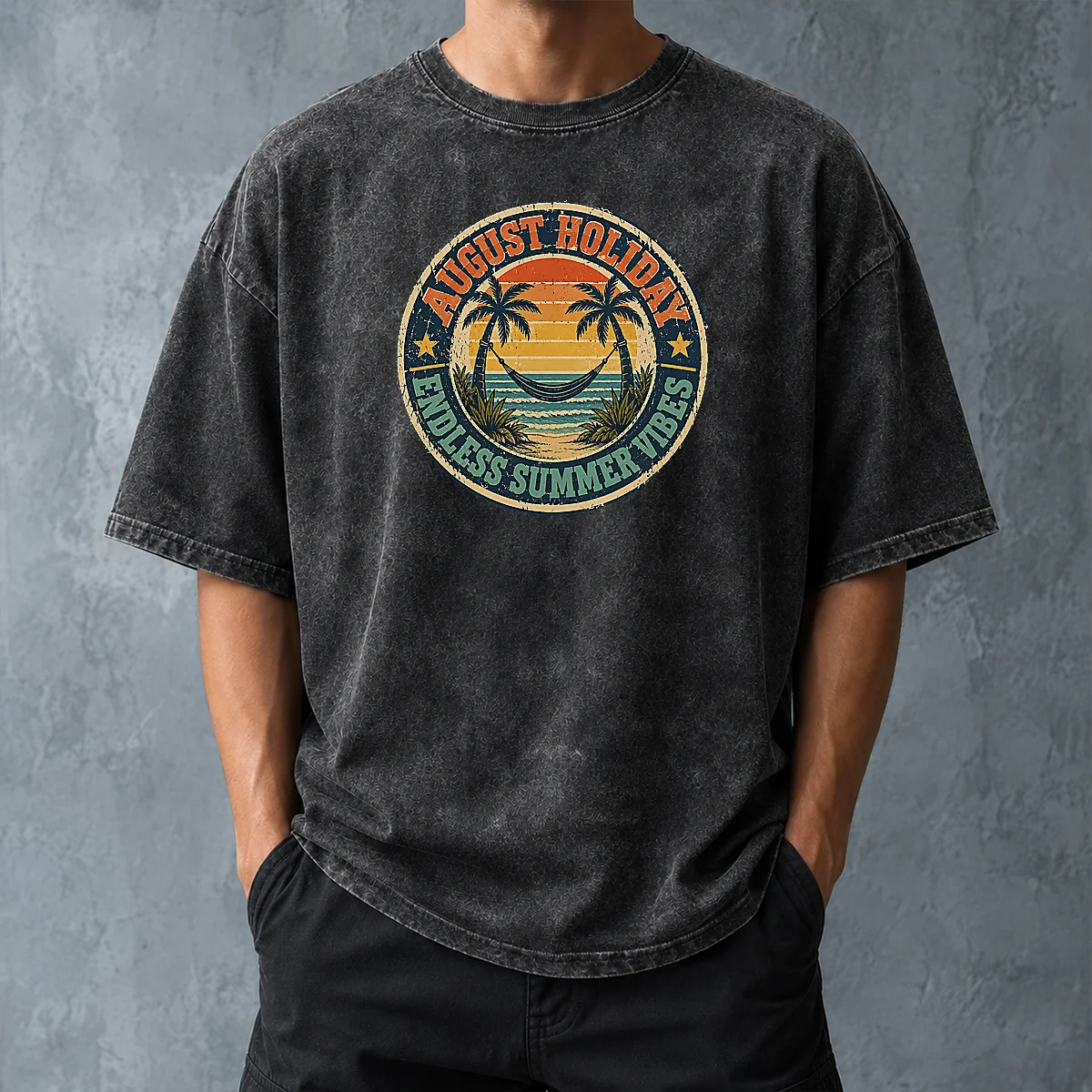 Top Awesome August Holiday Vintage Badge Summer Escape Washed T-Shirt