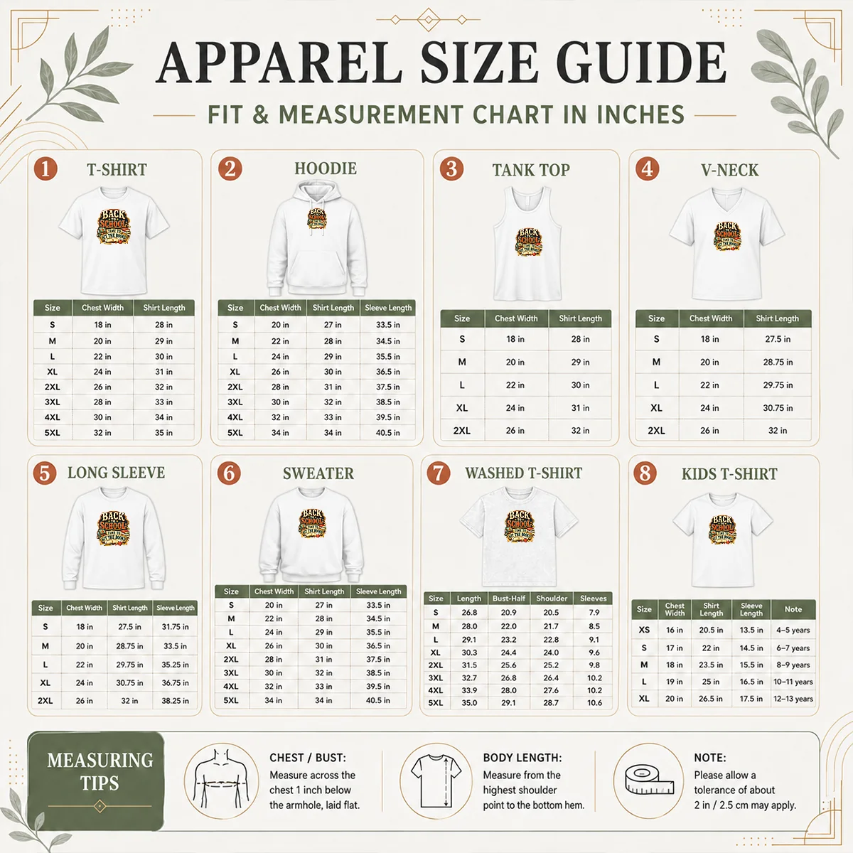 Top Back To School Excitement Western Vintage Size Chart Size chart for Top Back To School Excitement Western Vintage showing measurements in inches and cm
