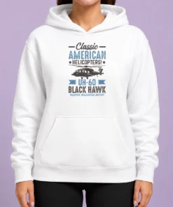 Top Classic American UH 60 Black Hawk Helicopter Hoodie in black, featuring detailed helicopter graphic on front
