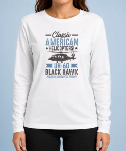 Top Classic American UH 60 Black Hawk Helicopter long sleeve shirt in black with detailed helicopter graphic