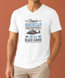 Top Classic American UH 60 Black Hawk Helicopter V Neck Shirt in black with detailed helicopter graphic