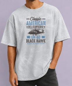 Top Classic American UH 60 Black Hawk Helicopter printed on a soft washed t shirt in black