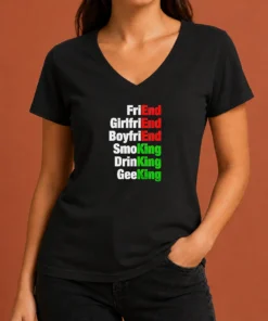 Top Friend Girlfriend Boyfriend Smoking Drinking Geeking Wordplay Text V-Neck Shirt