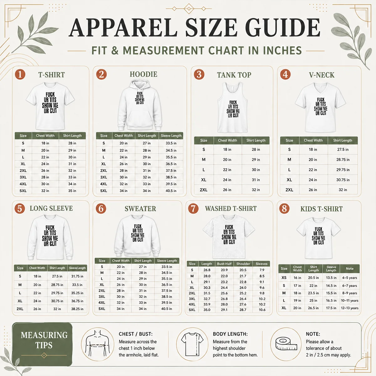 Top Fuck Ur Tits Show Me Ur Clit Humor Text Size Chart Size chart for Top Fuck Ur Tits Show Me Ur Clit Humor Text with measurements in inches and cm