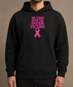 Top Good We Stand With The Epstein Victims Pink Ribbon Hoodie in soft pink with front logo and kangaroo pocket