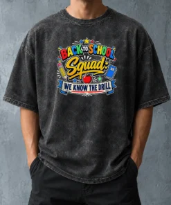 Top Hot Cute Cartoon Back To School Squad Student Washed T-Shirt