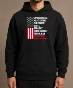 Top Hot Unvaccinated Meat Eating Gun Owner White Straight Conservative Republican Hoodie in black, front view with drawstring hood and kangaroo pocket