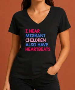 Top Nice I Hear Migrant Children Also Have Heartbeats V Neck Shirt in soft fabric with short sleeves and a comfortable fit