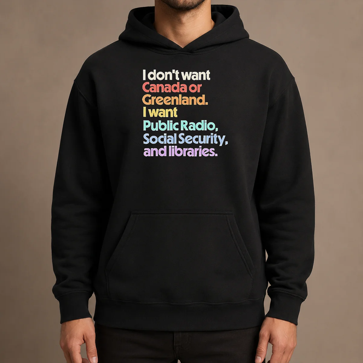 Top Official I Don'T Want Canada Or Greenland I Want Public Radio Social Security And Libraries hoodie in dark gray, front view with drawstring hood