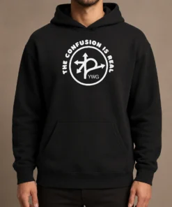 Top Original The Confusion Is Real YWG Airport Travel Hoodie in black, front view with kangaroo pocket and drawstring hood