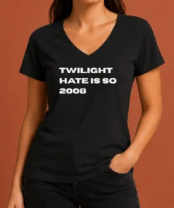 Top Twilight Hate Is So 2008 Y2K Nostalgia V Neck Shirt in black with vintage-inspired Y2K typography