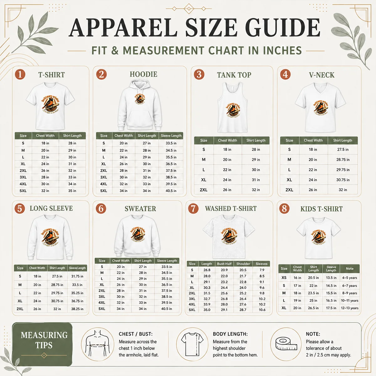 Size chart for Vintage Baltimore Orioles White Sox Rivalry Tee with measurements in inches and cm.
