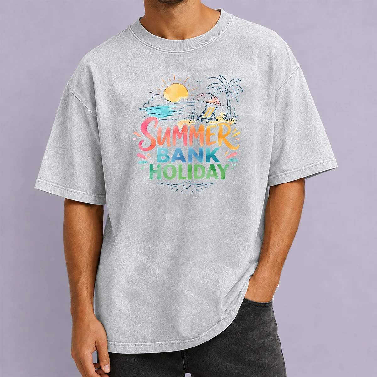 Funny Nice Watercolor Beach Scene Summer Bank Holiday Relax Washed T-Shirt