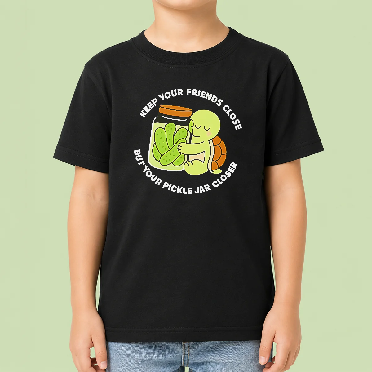 Funny Official Cute Turtle Hugging Pickle Jar Keep Your Friends Close Kids T-Shirt