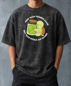Funny Official Cute Turtle Hugging Pickle Jar Keep Your Friends Close Washed T-Shirt