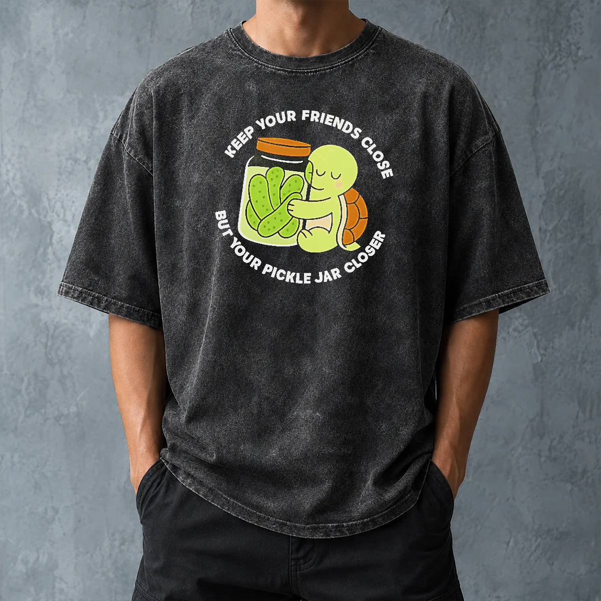 Funny Official Cute Turtle Hugging Pickle Jar Keep Your Friends Close Washed T-Shirt