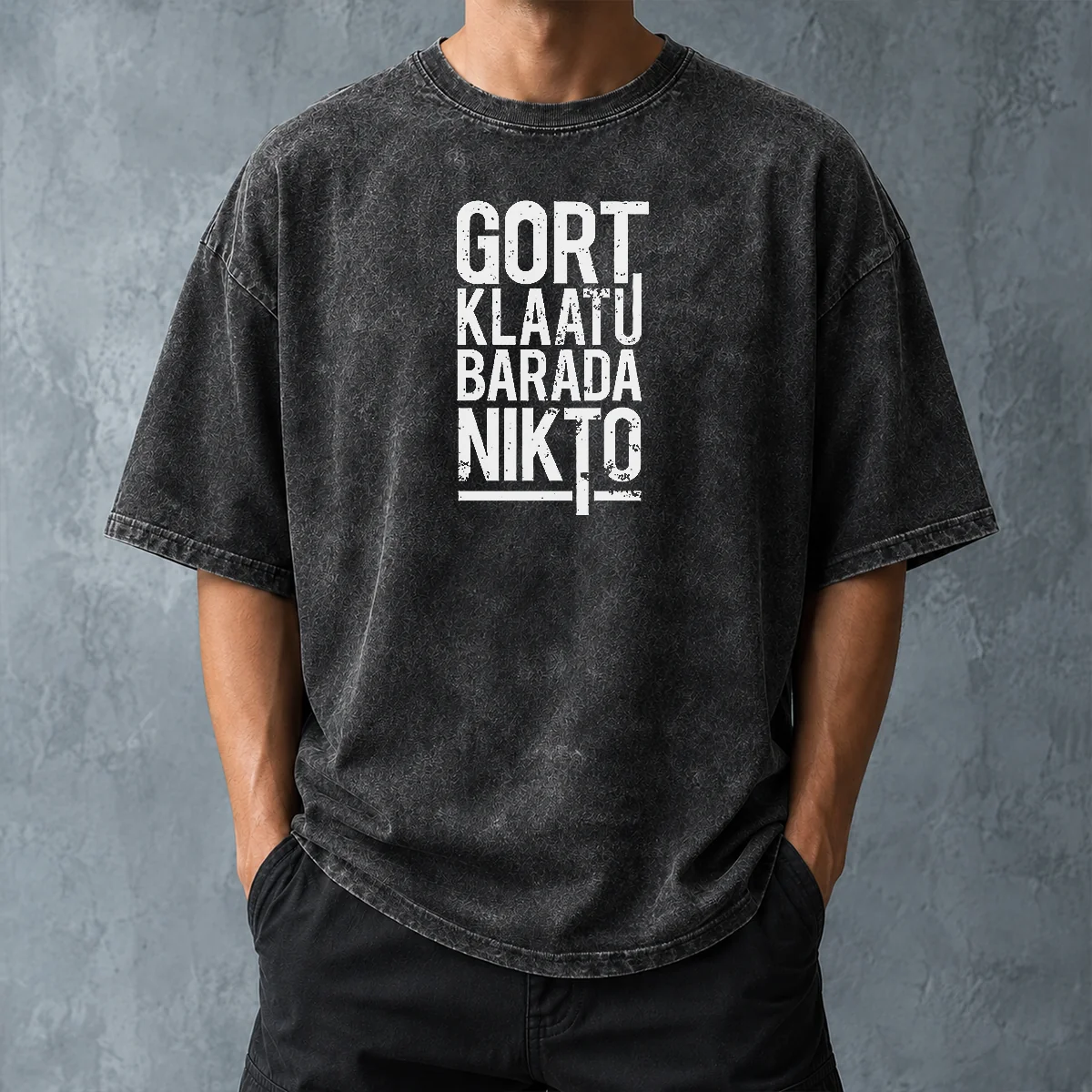 Funny Premium Gort Klaatu Barada Nikto Geek Washed T-Shirt