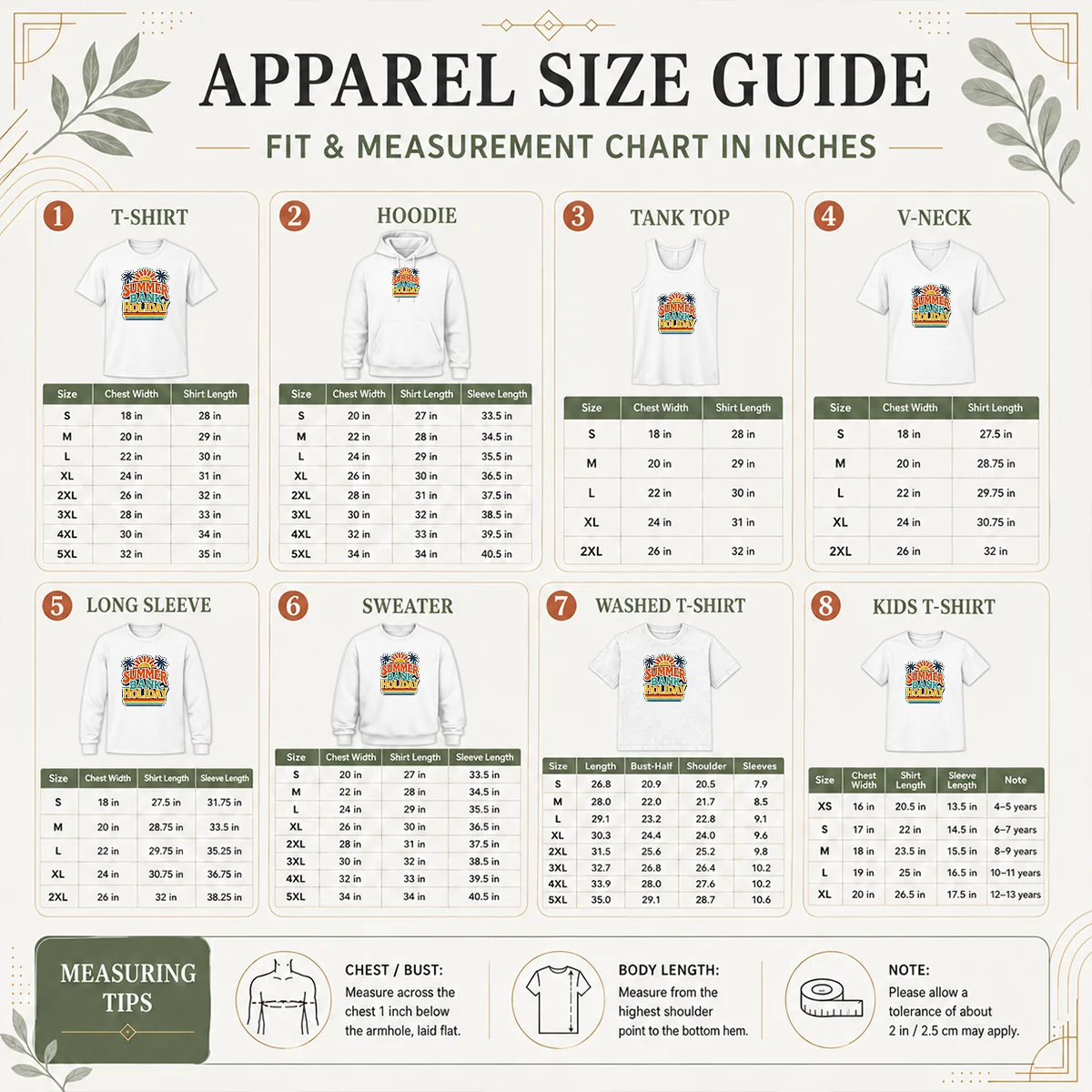 Good Hot Vintage Retro Summer Bank Holiday Palm Sunburst Size Chart Size chart for Good Hot Vintage Retro Summer Bank Holiday Palm Sunburst with measurements in inches and cm to help choose the right fit