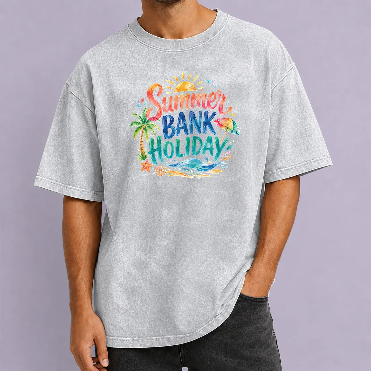 Good Hot Watercolor Summer Bank Holiday Beach Palm Starfish Washed T-Shirt