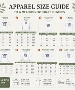 Size chart for Good Loty Lesbian Of The Year with measurements in inches and cm to help choose the right fit