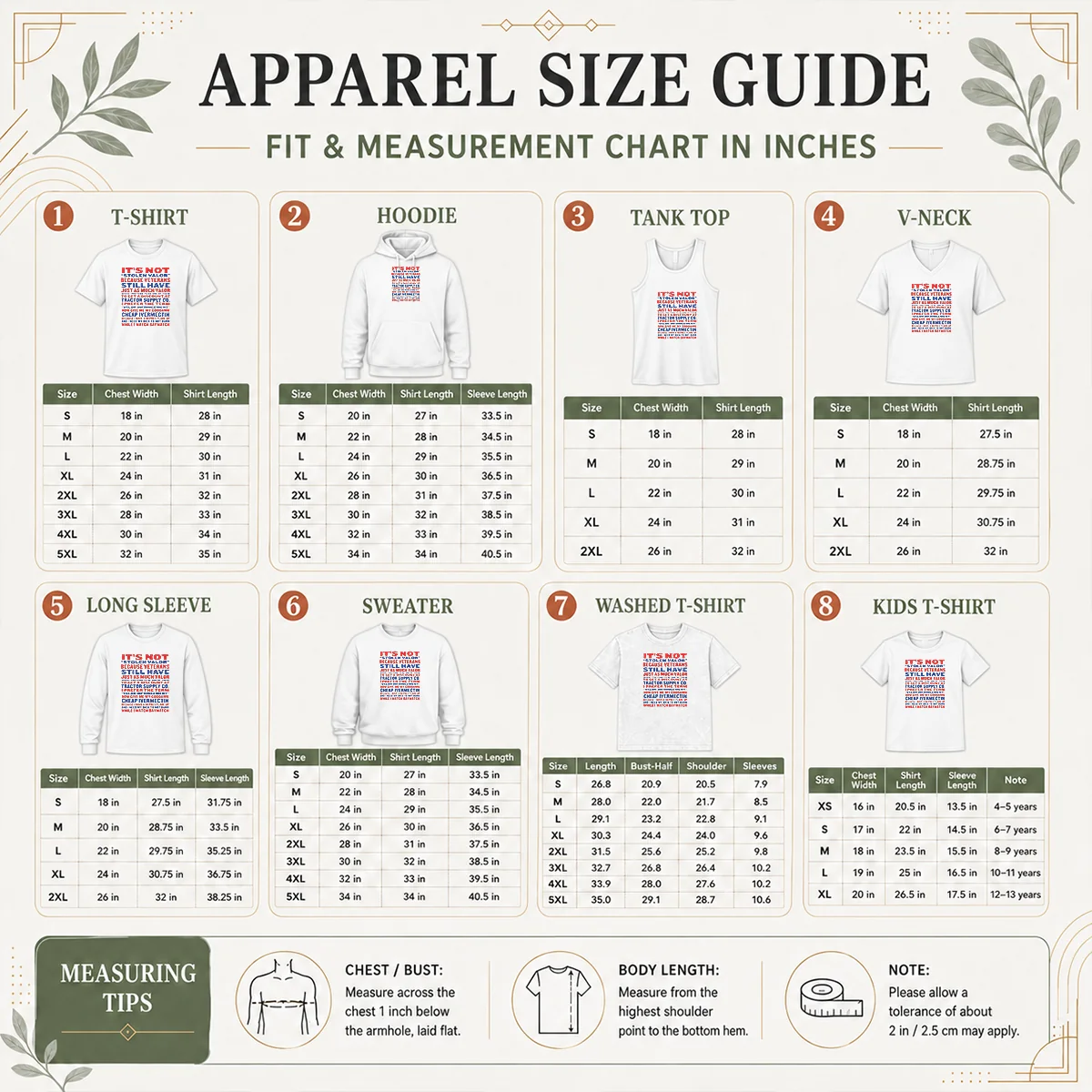 Good Premium It'S Not Stolen Valor But Valor Infringement Size Chart Size chart for Good Premium It'S Not Stolen Valor But Valor Infringement with measurements in inches and cm to help choose the right fit