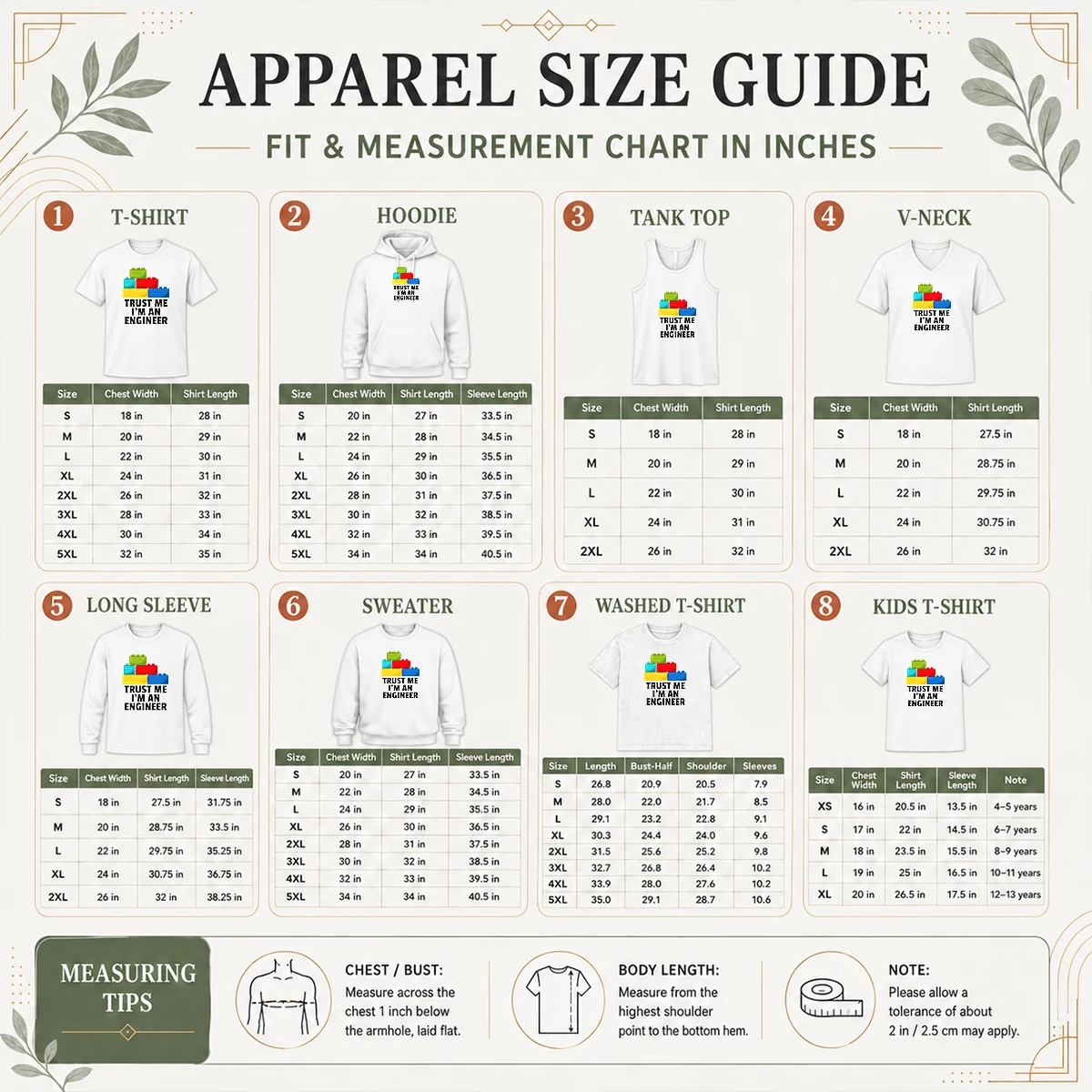 Happy Nice I'M An Engineer Building Blocks Brick Toy Builder Size Chart Size chart for Happy Nice I'M An Engineer Building Blocks Brick Toy Builder with measurements in inches and cm to help choose the right fit
