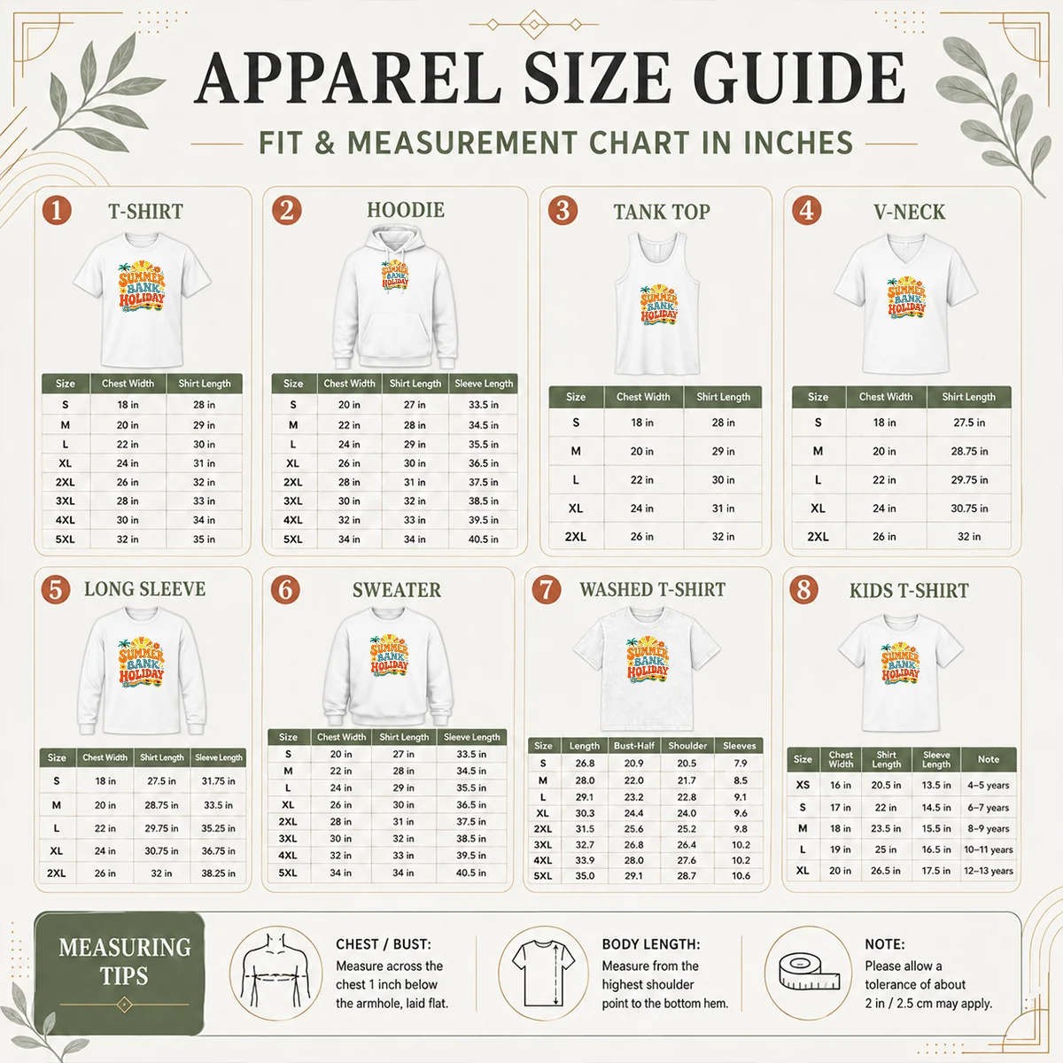 Happy Pretty Retro 70s Summer Bank Holiday Flower Power Size Chart Size chart for Happy Pretty Retro 70s Summer Bank Holiday Flower Power with measurements in inches and cm to help choose the right fit