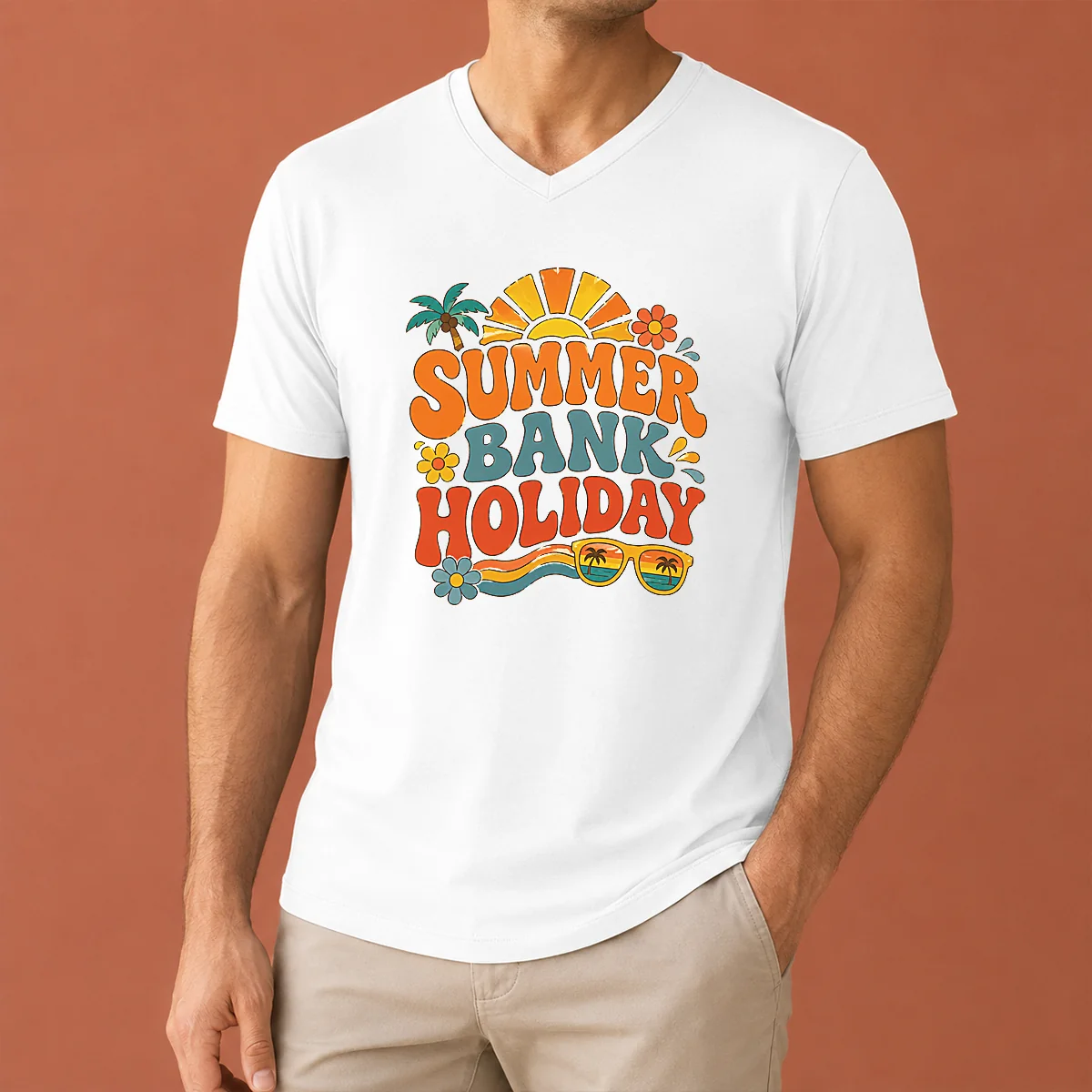 Happy Pretty Retro 70s Summer Bank V-Neck Shirt Happy Pretty Retro 70s Summer Bank V-Neck Shirt