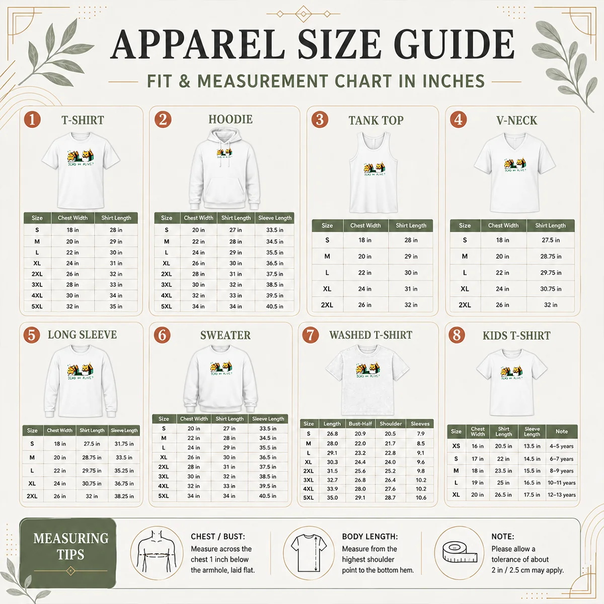Nice Good Cat Sushi Dead Or Alive Size Chart Size chart for Nice Good Cat Sushi Dead Or Alive with measurements in inches and cm to help choose the right fit