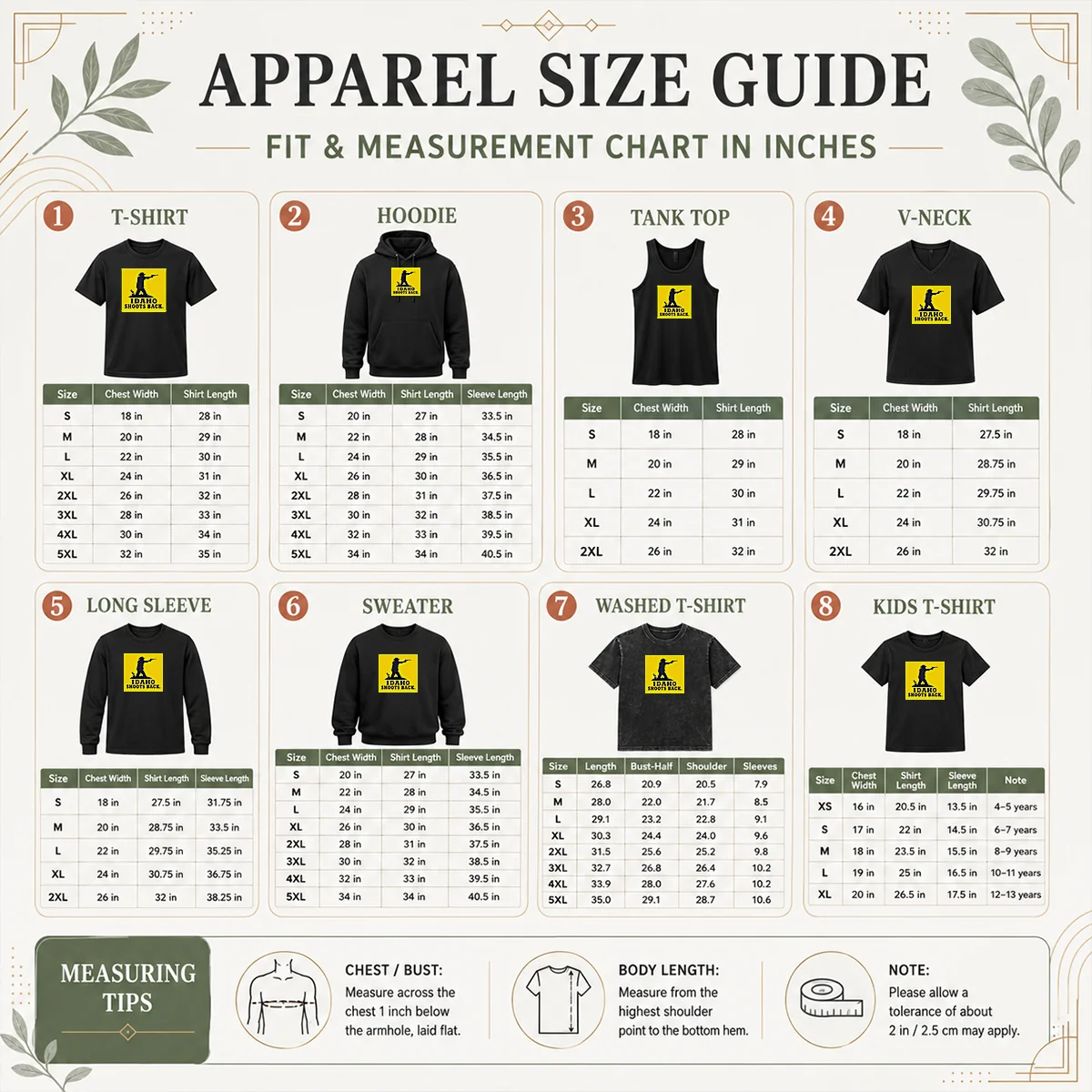 Premium Awesome Idaho Shoots Back Size Chart Size chart for Premium Awesome Idaho Shoots Back with measurements in inches and cm to help choose the right fit