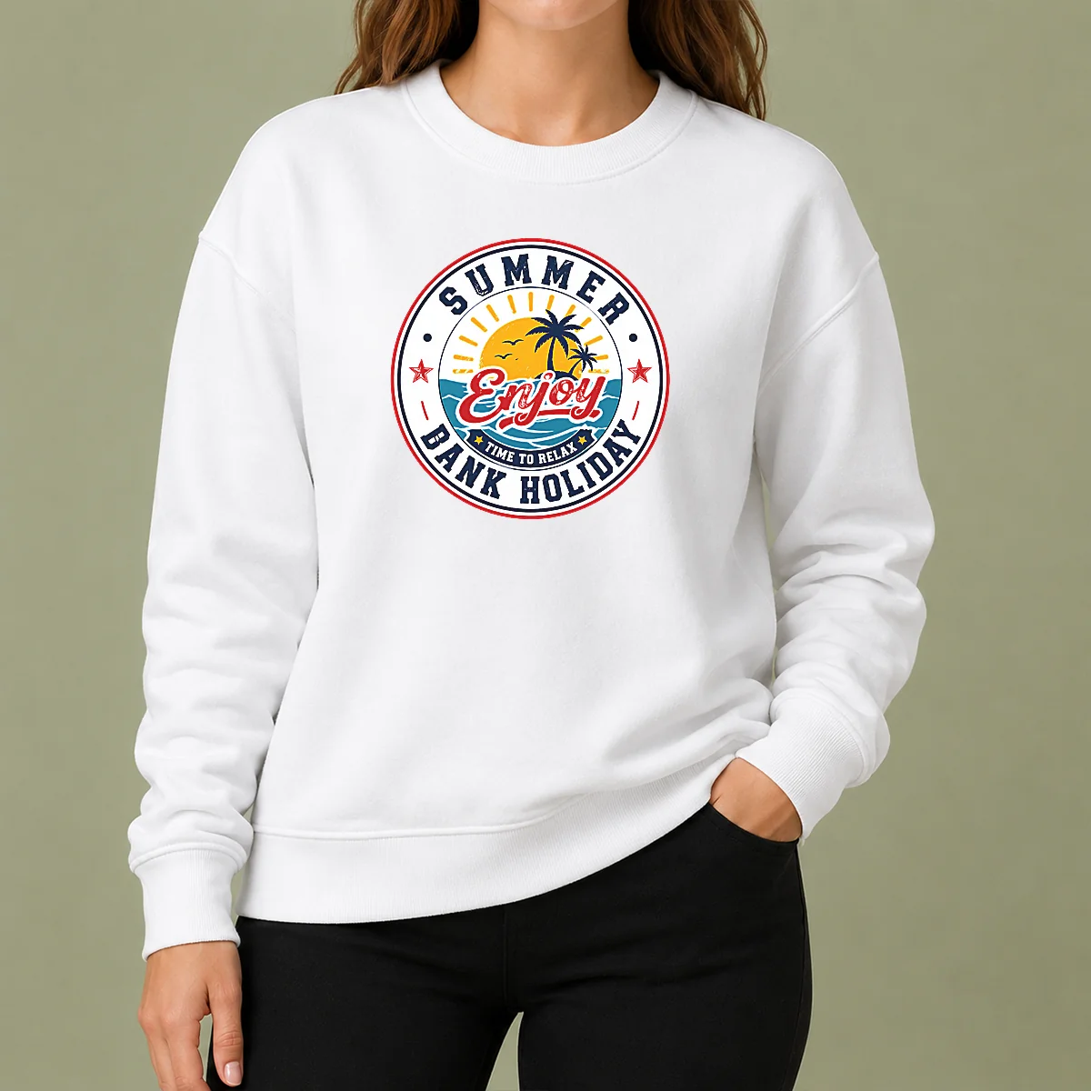 Premium Funny Vintage Badge Summer Bank Holiday Enjoy Relax Palm Sweater