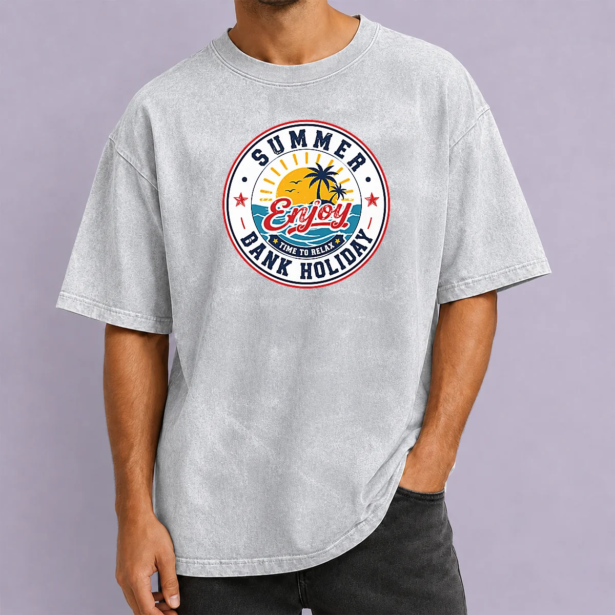 Premium Funny Vintage Badge Summer Bank Holiday Enjoy Relax Palm Washed T-Shirt