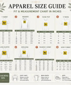 Size chart for Premium Pretty Armalite Rifle 15 Periodic Table Style AR 15 with measurements in inches and cm to help choose the right fit