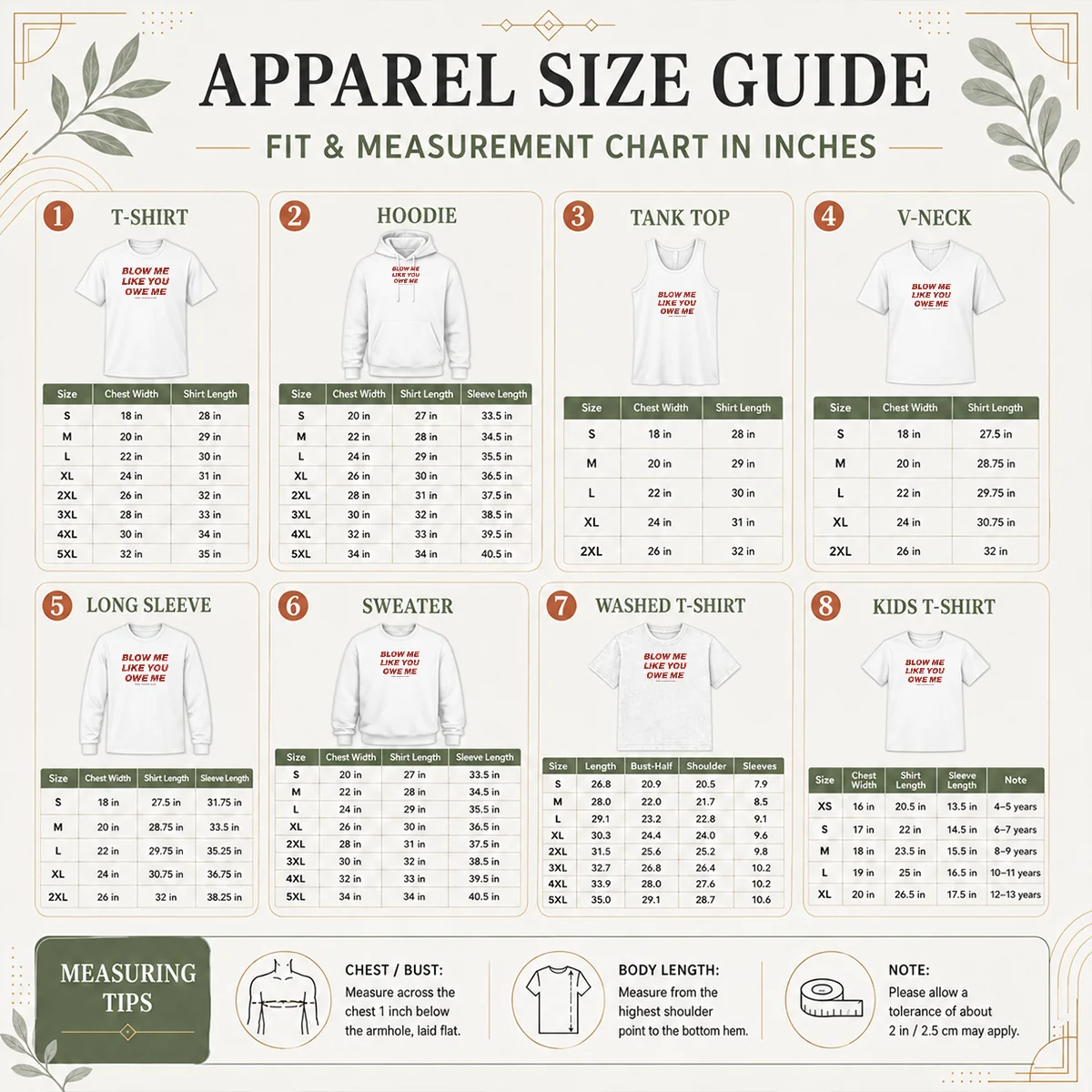 Premium Pretty Blow Me Like You Owe Me Toxic Season Club Size Chart Size chart for Premium Pretty Blow Me Like You Owe Me Toxic Season Club with measurements in inches and cm to help choose the right fit