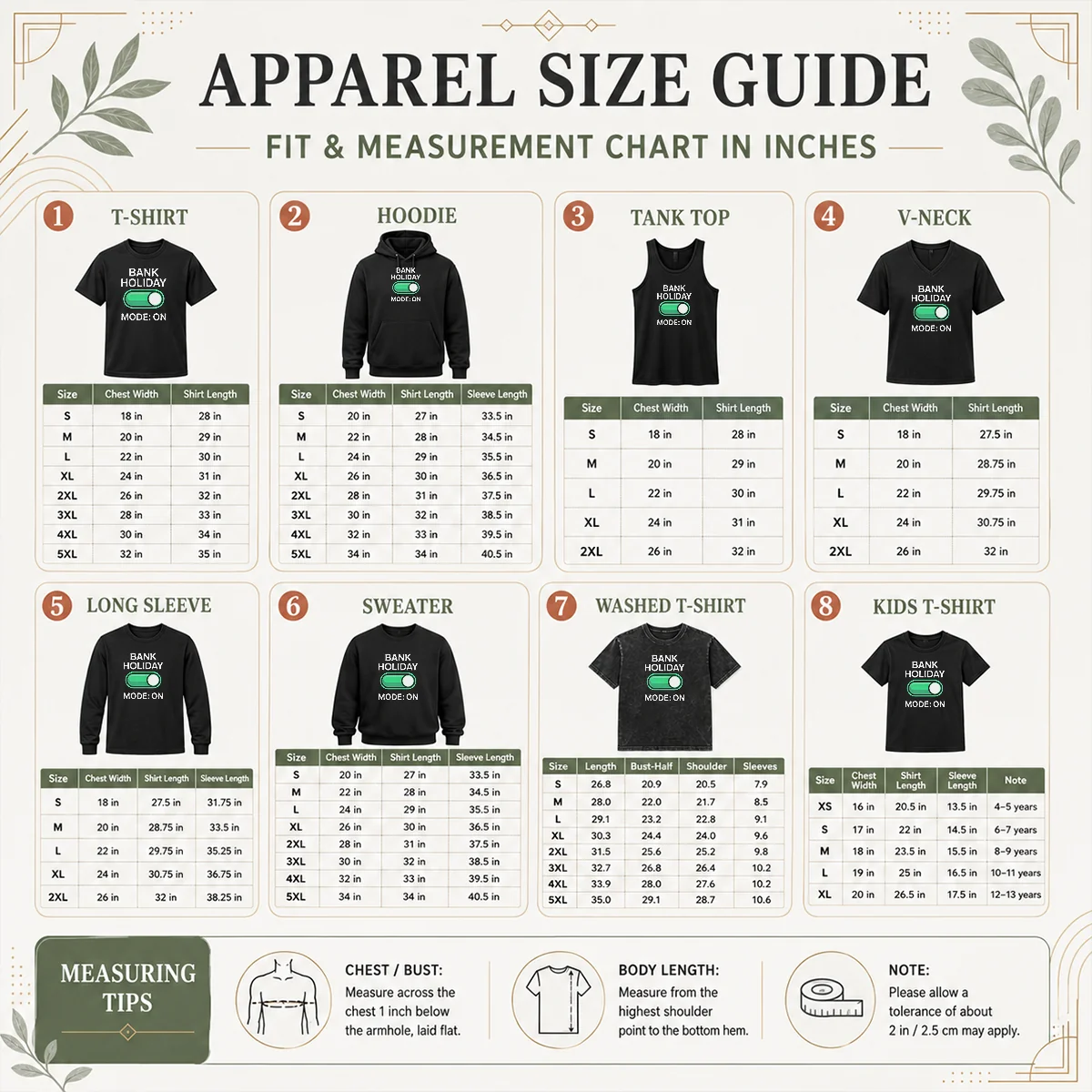 Pretty Official Bank Holiday Mode On Day Off Long Weekend Size Chart Size chart for Pretty Official Bank Holiday Mode On Day Off Long Weekend with measurements in inches and cm to help choose the right fit