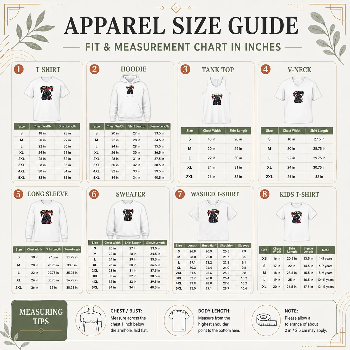 Top Hot Back To School Squad Goals Streetwear Size Chart Size chart for Top Hot Back To School Squad Goals Streetwear with measurements in inches and cm to help choose the right fit