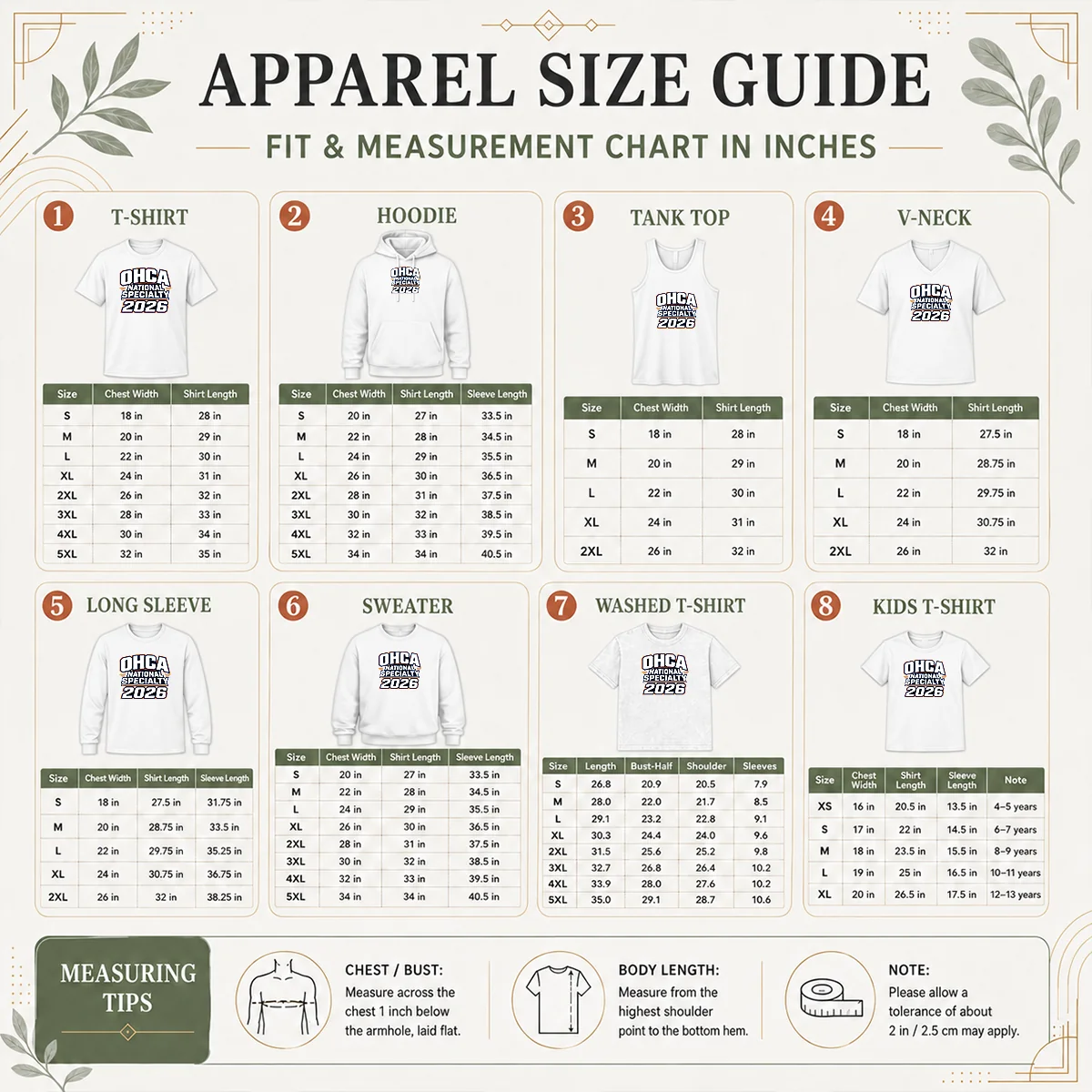 Top OHCA National Specialty 2026 Typography Pride Size Chart Size chart for Top OHCA National Specialty 2026 Typography Pride with measurements in inches and cm to help choose the right fit
