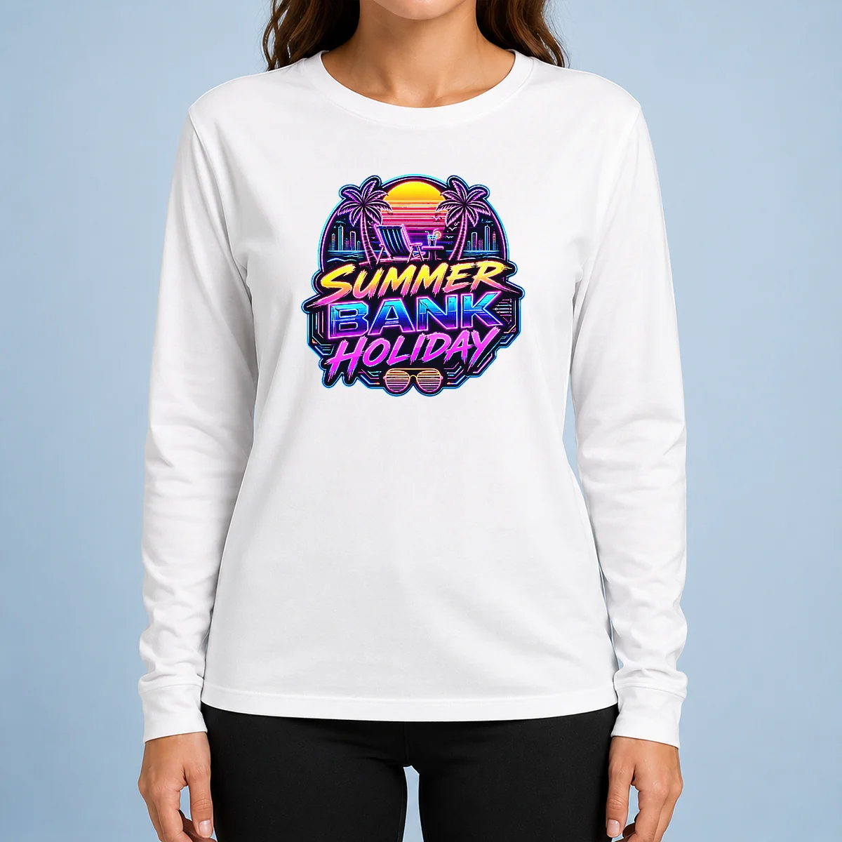 Top Pretty Synthwave Neon Summer Bank Holiday Beach Sunset Long Sleeve Shirt
