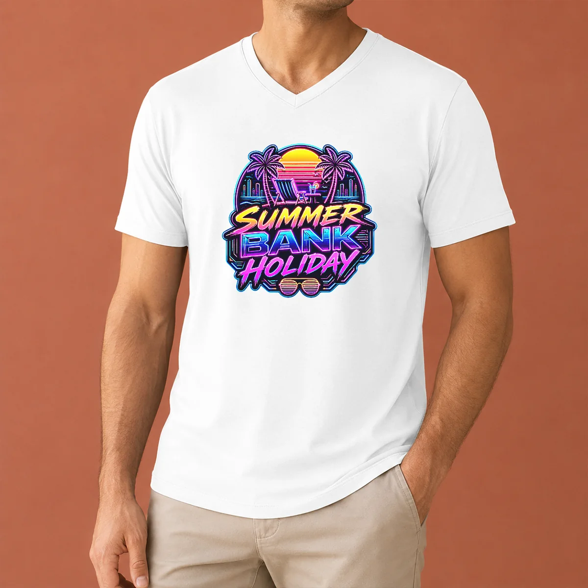 Top Pretty Synthwave Neon Summer Bank V-Neck Shirt Top Pretty Synthwave Neon Summer Bank V-Neck Shirt