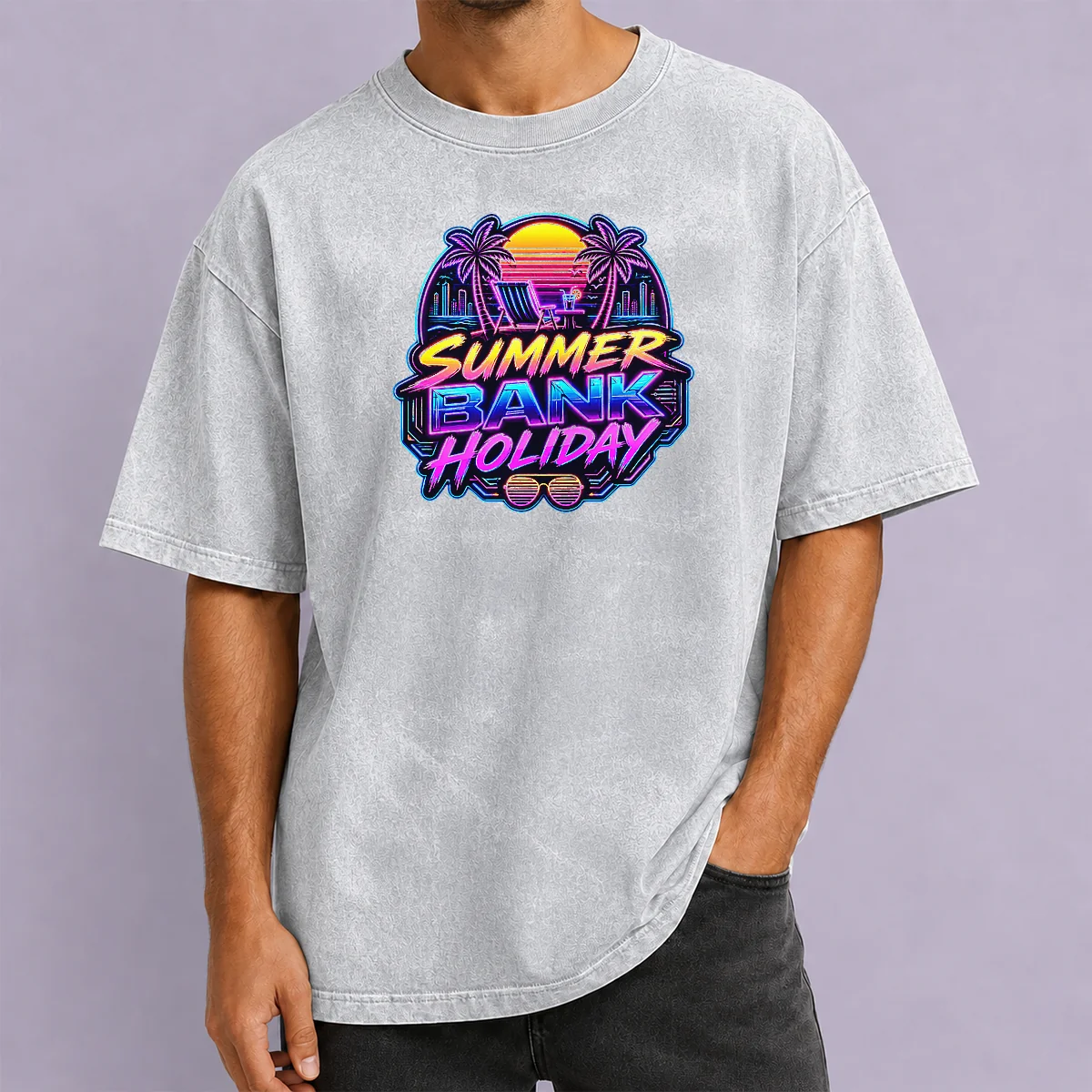 Top Pretty Synthwave Neon Summer Bank Holiday Beach Sunset Washed T-Shirt